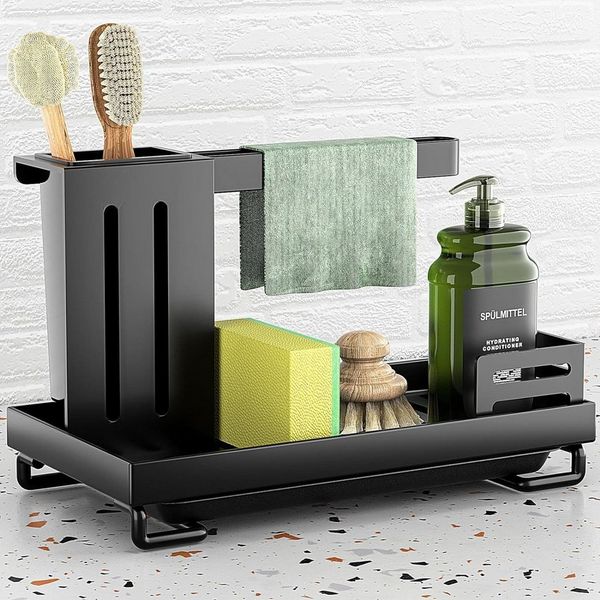 BlingBin Küchenorganizer-Set Spülbecken Organizer mit Abflusspfanne & Lappenhalter, (1er Set, 1-tlg, Edelstahl Waschbecken Organizer), Universeller Küchenorganizer Für Schwämme, Bürsten & Seife, Schwarz