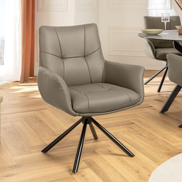 Drehbarer 360° Echtleder Stuhl SIGN taupe Federkern mit Armlehne Metallgestell