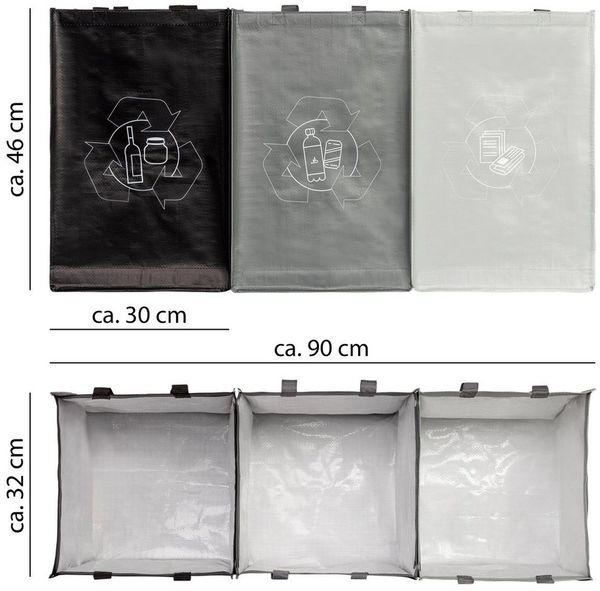 ONVAYA® Mülltrennsystem 3fach | Abfalltrennsystem aus Taschen | Einzelne Taschen für Papier, Plastik und Glas jeweils 44L | Einfach zu tragen und abzuwischen | Mülltrennsystem für die Küche