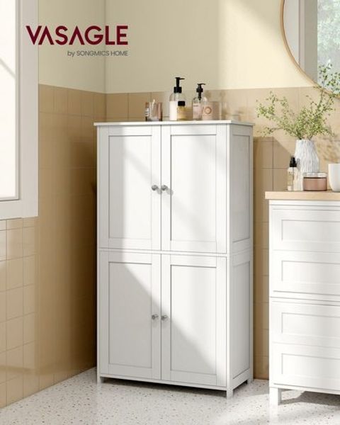 VASAGLE Badschrank mit 4 Türen, Badezimmerschrank mit höhenverstellbaren Einlegeböden, Shaker-Stil, weiß
