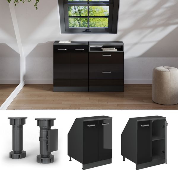 Dachschrägenschrank Rion Schwarz Hochglanz 60 x 81.6 cm mit 2 Türen, Schrankkorpus 60 cm Tiefe Vicco Bild 5