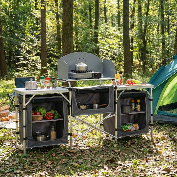 Sekey Campingschrank XXL Faltbar Campingküche mit Aluminiumgestell inkl. Windschutz und Tragetasche, Grau