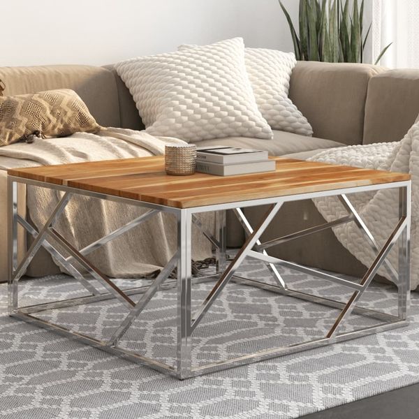 vidaXL Couchtisch Silbern Edelstahl und Massivholz Akazie 349951