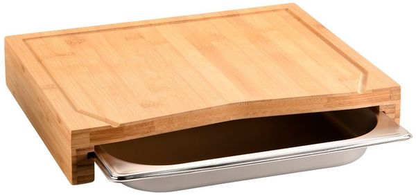 KESPER® Schneidebrett Brett mit Auffangschale und Saftrille, 36,5 x 28,5 cm, Bambus, Edelstahl, besonders langlebig und messerschonend