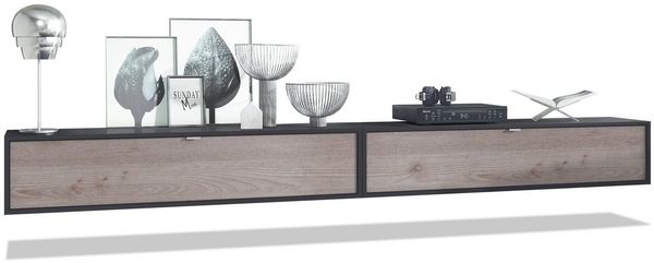 2er-Set TV Board Lana 140, Lowboards je 140 x 29 x 37 cm mit viel Stauraum, Korpus in Schwarz matt, Fronten in Eiche Nordic
