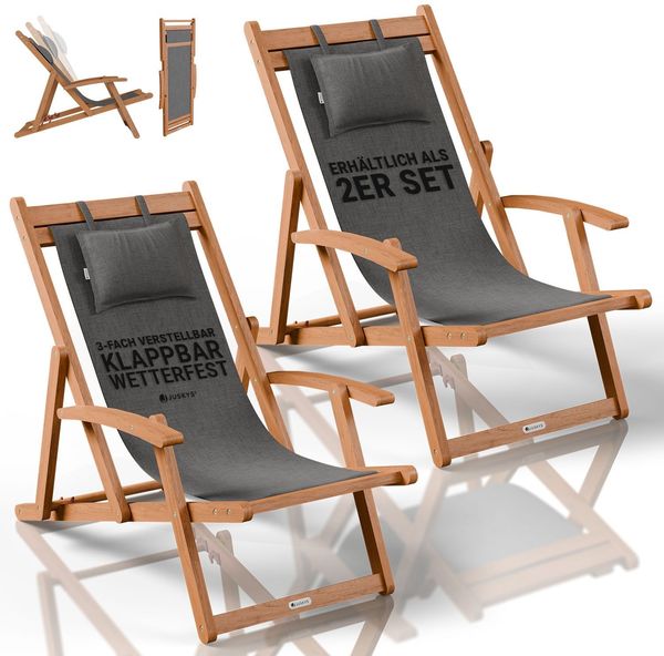 JUSKYS® Sonnenliege Tavira Anthrazit - Klappbar, 3-fach verstellbare Rückenlehne, mit abnehmbarem Kopfpolster, wetterfest, geöltes Akazienholz, 2er Set