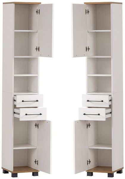 Lomadox Hochschrank JAUSA-80 Badmöbel im Landhaus-Stil, matt weiß mit Eiche Nb, 30,3/180,9/32,6cm
