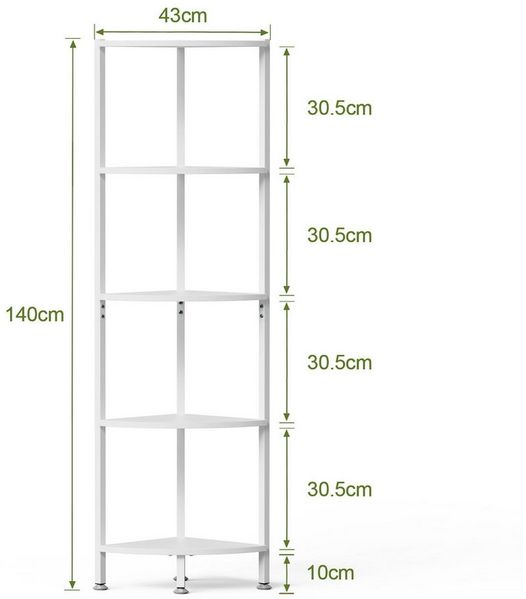 JEOBEST Eckregal 5-stöckiges Bücherregal, Standregal, Regal, Lagerregal, Industrial-Design, Weiß 30 x 30 x 142 cm