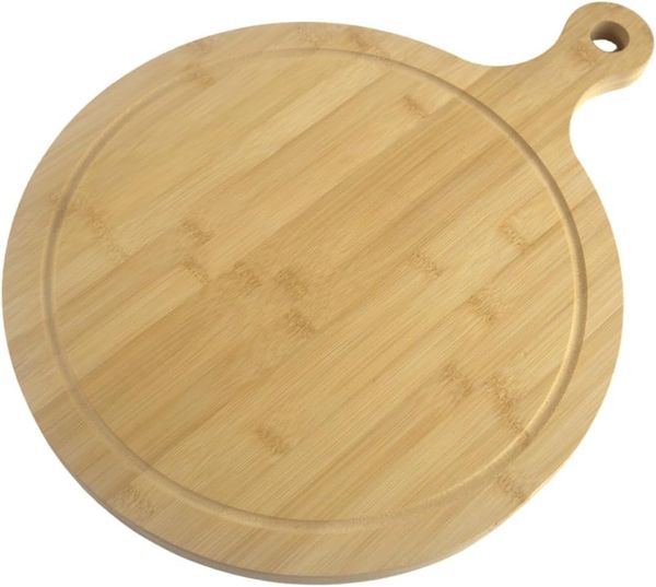 hausleben Pizzaschneidebrett Pizzateller Pizzabrett aus Bambus Doppelpack, Saftrille, (4-St), pizzaservierbrett schneiderbrett mit Griff