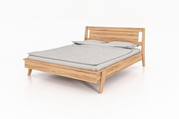 Bett Jetro Kernbuche massiv bianco 180x200 mit Holzkopfteil und Holzbeinen