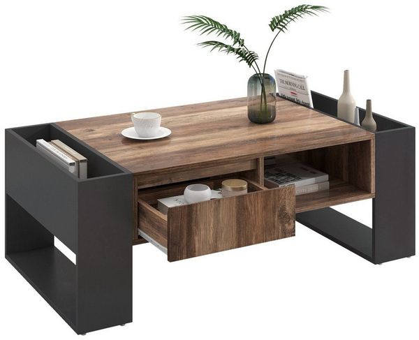Fine Life Pro Couchtisch aus Holzmaserung, mit Eine grifflose Schublade, (Staufach und Heckstaufach,doppelseitiger Stauraum. Mit Staufächern), Wohnzimmer-Sofatisch, großer Stauraum. Anthrazit.