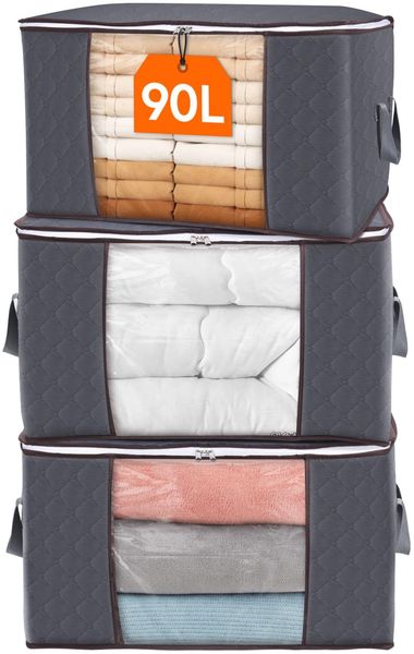 Lifewit 3 Stück 90L Große Aufbewahrungstasche Schrank Organizer Set, Faltbar Kleideraufbewahrung mit verstärkt Griff, stabilem Reißverschluss für Kleidung, Bettwäsche, Bettdecken, Steppdecke, Kissen