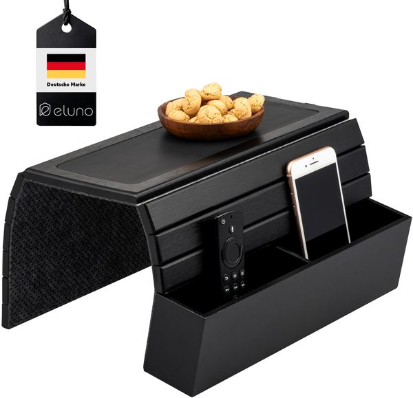 eluno Sofatablett mit Silikonablage und seitlichen Fächern, faltbare Ablage für Snacks, Handy uvm, Bambus, in Schwarz