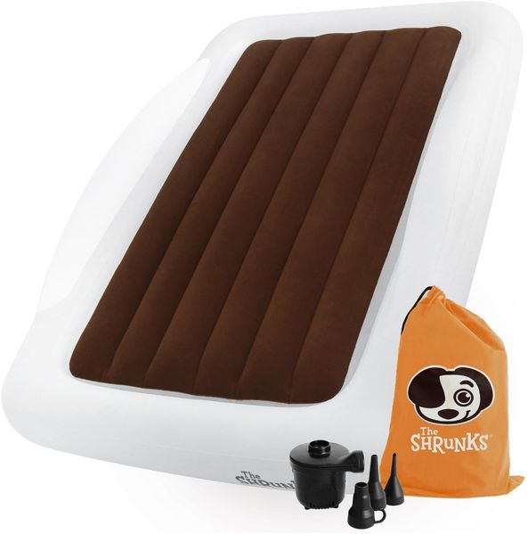 The Shrunks® aufblasbares Reisebett für Kinder mit Rausfallschutz - Beflockte Luftmatratze für Reisen, Übernachtungen, Camping - Weiß/Braunes Beistellbett in Hotels oder zu Hause 152x94 cm