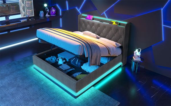 Polsterbett 160x200 cm mit hydraulischem Bettkasten, 360° LED & Kopfteil mit USB‑Typ‑C, graues Leinen