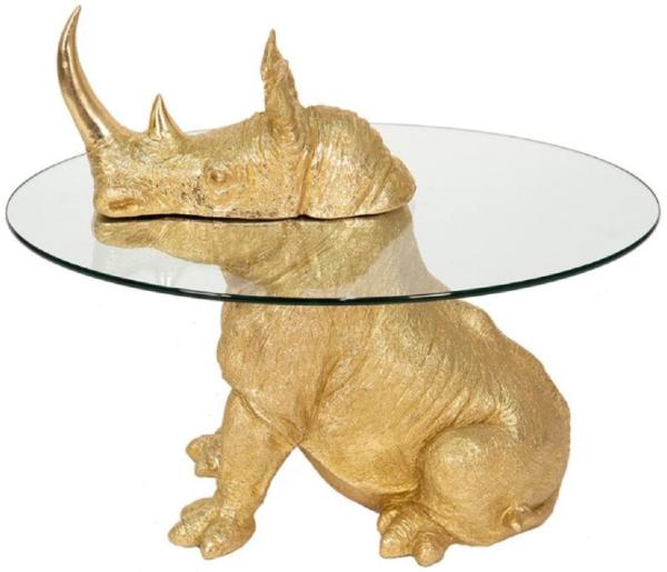 Casa Padrino Luxus Beistelltisch Nashorn Gold Ø 65 x H. 55 cm - Runder Kunstharz Tisch mit Glasplatte - Wohnzimmer Möbel - Luxus Möbel - Luxus Einrichtung - Wohnzimmer Einrichtung