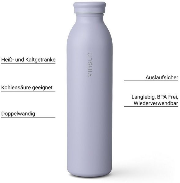 Vinsun Isolierflasche Edelstahl Flasche 600ml, Thermoflasche doppelwandig isoliert BPA frei, Auslaufsicher, Kohlensäure geeignet, bruchsicher, Kalt- & Heißgetränk