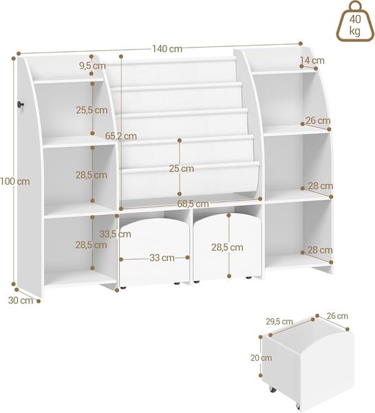 Kinderregal mit Zeitungsständer, Bücherregal Kinder mit 3 Säulen, 4 Ablagen, Spielzeugregal, Kinder mit Aufbewahrungsbox, für Kinderzimmer, Wohnzimmer, 30 x 140 x 100 cm, Weiß Bild 9