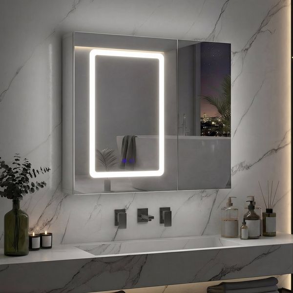 Simurq Badezimmerspiegelschrank Spiegelschrank Bad 70cm Mit LED Beleuchtung, Doppelseitiger Spiegel (Set, 3 Farbtemperatur Dimmbare, Badezimmerschrank Wandschrank Hängeschrank) Badezimmer Spiegelschrank Mit Verstellbarem Regal, 2 Türen