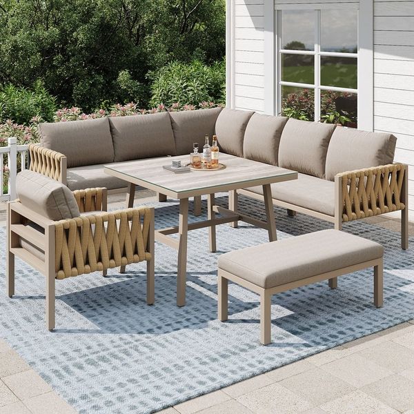 Merax Gartenlounge-Set, (mit Sitz- und Rückenkissen, 5-tlg, Gartenmöbelset Ecksofa Garten-Lounge-Set mit verstellbaren Beinen), Seilsitzgruppe aus verzinktem Eisen,Tischplatte aus gehärtetem Glas