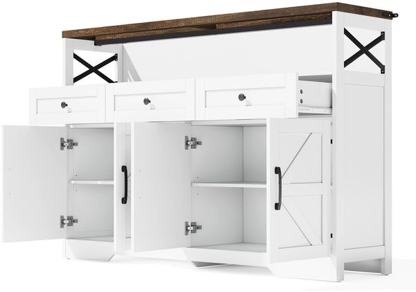 Merax Sideboard Buffet-Anrichte 140cm mit Stauraum, Kaffeebar mit 3 Schubladen, Konsole im Landhausstil mit Türen, Schränke mit Einlegeböden, geeignet für Küche, Wohnzimmer, Diele, rustikaler Stil weiß/braun Bild 9