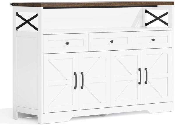 Merax Sideboard Buffet-Anrichte 140cm mit Stauraum, Kaffeebar mit 3 Schubladen, Konsole im Landhausstil mit Türen, Schränke mit Einlegeböden, geeignet für Küche, Wohnzimmer, Diele, rustikaler Stil weiß/braun Bild 8
