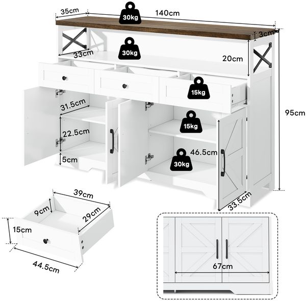 Merax Sideboard Buffet-Anrichte 140cm mit Stauraum, Kaffeebar mit 3 Schubladen, Konsole im Landhausstil mit Türen, Schränke mit Einlegeböden, geeignet für Küche, Wohnzimmer, Diele, rustikaler Stil weiß/braun Bild 4
