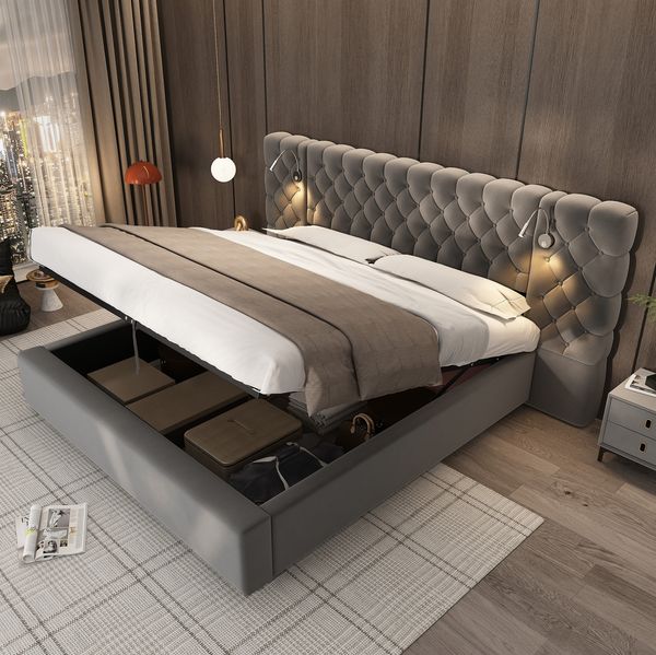 Polsterbett 180x200 cm mit Stauraum, Leselicht und Samtbezug – Doppelbett mit Lattenrost