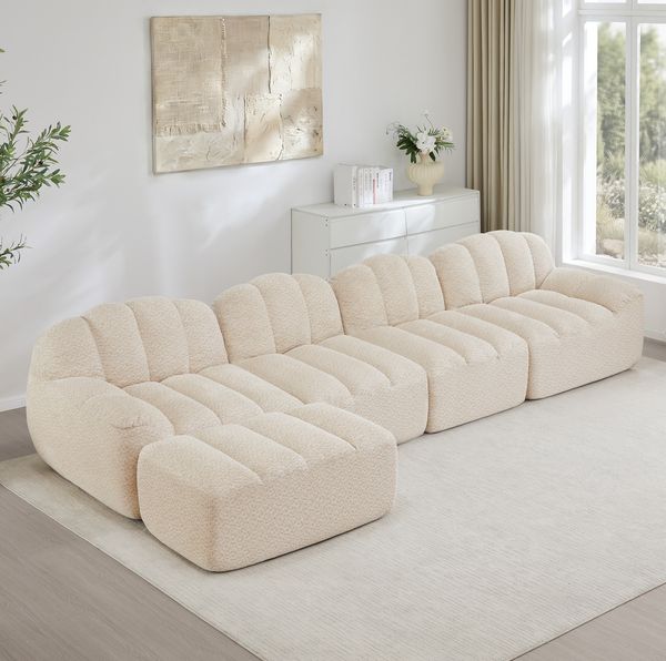 Modulares Sofa 79cm×366cm×165cm 4-Sitzer mit Ottoman – frameloses Ecksofa aus Granuliertem Fleece in Beige White