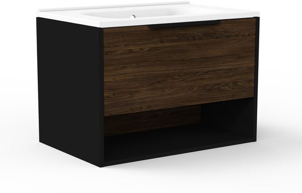 FACKELMANN B.PARIS Waschbecken mit Unterschrank 70 cm breit, Braun Dunkel/Schwarz, Waschbecken Gussmarmor Weiß