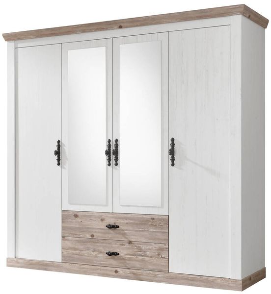Kleiderschrank 4 türig mit Spiegel FERNA-61 in Pinie weiß Nb. mit Absetzungen in Pinie dunkel Nb, B/H/T: ca. 217/201/60 cm