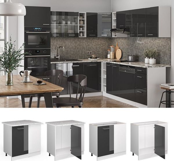 Eckunterschrank R-Line Anthrazit Hochglanz 86 cm ohne Arbeitsplatte Vicco Bild 2