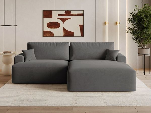 GRAINGOLD Ecksofa Serene L, Couch L-Form mit Wellenfeder und Bettkasten, Velour-Stoff, Dunkelgrau, Rechts