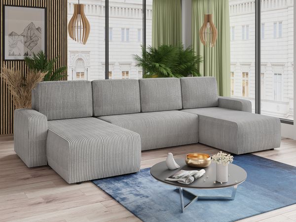 Wohnlandschaft mit Schlaffunktion Roma - U-Form Couch, Schlafsofa mit Bettkasten, Couchgranitur mit Bettfunktion, Big Sofa, Cord Stoff (Grau (Poso 110))