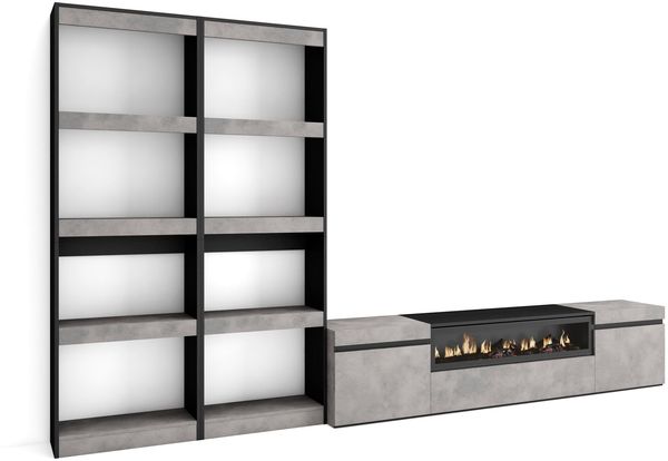Skraut Home | Wohnwand Wohnzimmer | Wohnzimmermöbel, Möbelset | 320 x 186 x 35 cm | Für TV-Geräte bis zu 80" | Elektrokamin. | Moderner Stil | Zement