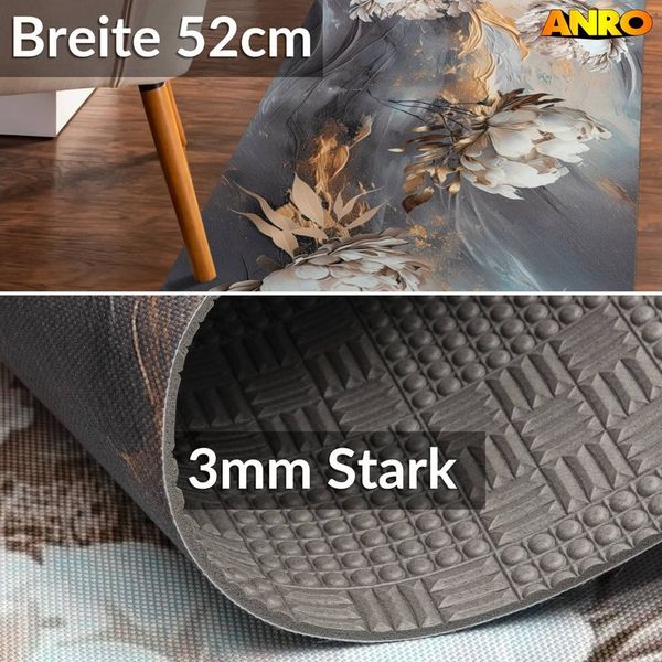 ANRO Küchenläufer LUIGI Pfingstrose pflegeleicht hochwertig Flurläufer Küchenteppich, eckig, Höhe: 3 mm, Teppichläufer 100cm Abstakt, Elysium, Florales Design Grau wasserdicht