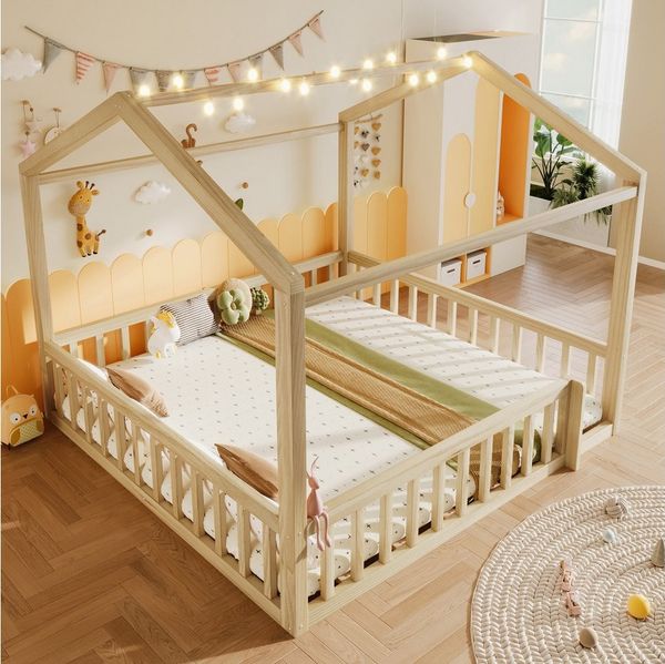 REDOM Kinderbett Holzbett Funktionsbett (mit LED & Sicherheitsgitter aus Kiefernholz, 90x190cm*2/180x190cm), Inklusive Matratze