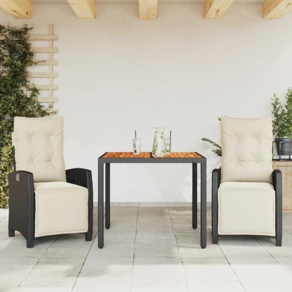 vidaXL 3-tlg. Garten-Essgruppe mit Kissen Schwarz Poly Rattan