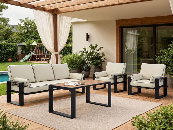 Gartenmöbel Set mit einem Tisch, Sofa und zwei Sesseln auf Metallbeinen, 5 Personen Sitzecke - ELBA 1 - beige