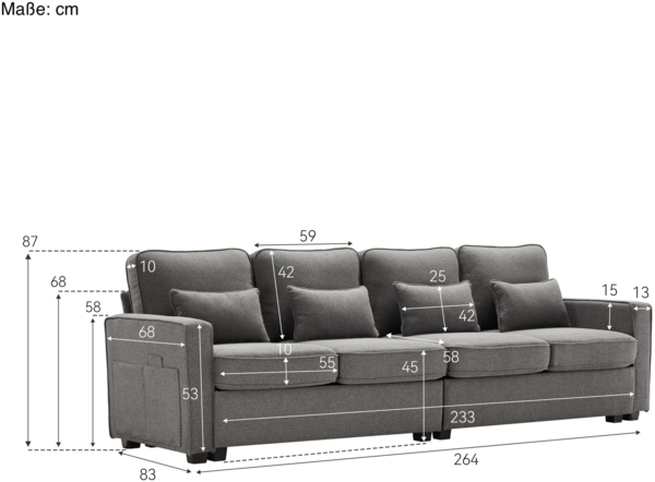 Big-Sofa, 264 cm, 4-Sitzer inkl. loser Zier- und Rückenkissen, Leinen Bezug, Polstersofa, Wohnzimmersofa Bild 6