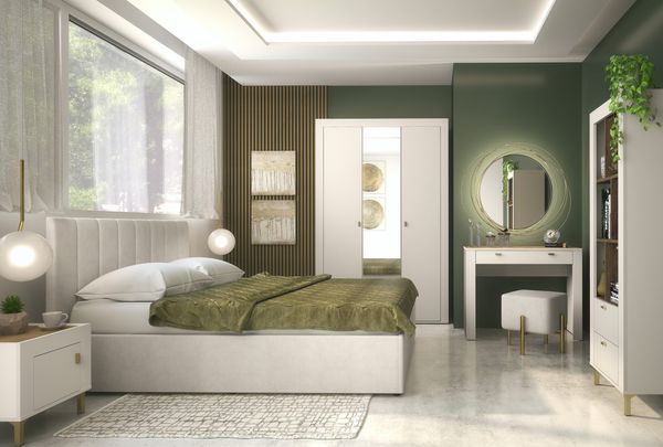 Jugendzimmer Mossa in Kashmir & Eiche Whisky mit Polsterbett in 120er oder 140er Breite – moderne Komplettsets in verschiedenen Varianten wählbar - 5 teilig , Kleiderschrank 3türig + Polsterbett 120cm + Nachttisch + Schreibtisch + Regal