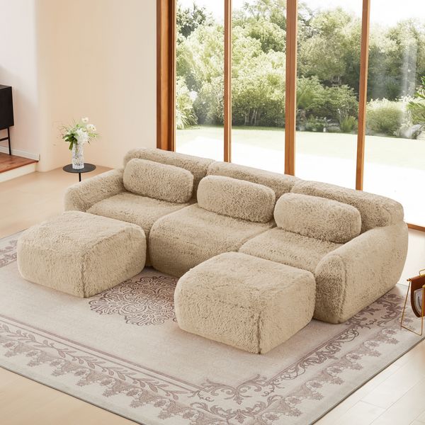 Boneless Cloud Sofa Plüsch, modulare U/L-Form, 32D Schaumstoff, körperumarmend, mit Kissen und 2 Ottoman, kein Aufbau,72h Entfaltung,khaki