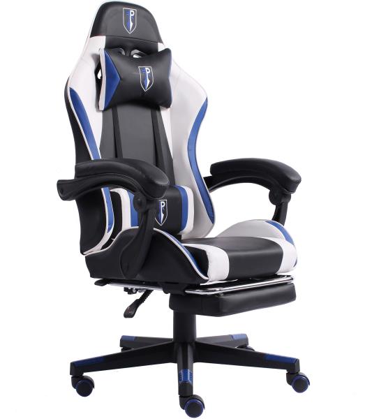 Gaming Chair im Racing-Design mit flexiblen gepolsterten Armlehnen - ergonomischer PC Gaming Stuhl in Lederoptik - Gaming Schreibtischstuhl mit ausziehbarer Fußstütze und extra Stützkissen Schwarz/Weiß-Blau