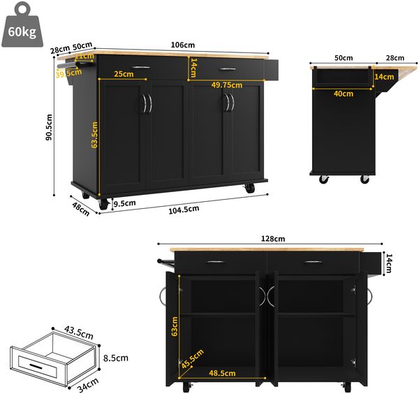 Kücheninsel, Moderne Küchenschrank buffetschrank Speisewagen mit Holzmaserung Multifunktionale Esstisch mit Speicherraum Schwarz, 106 x 50 x 90.5 cm Bild 4