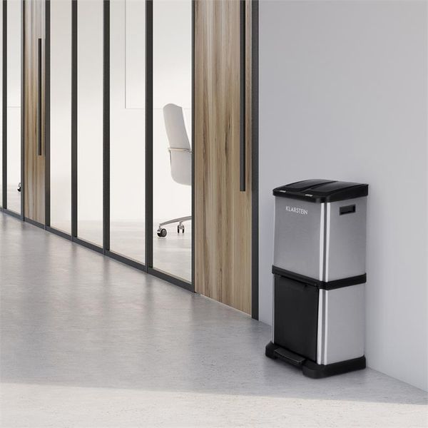 Klarstein Ökosystem² - Mülleimer, Mülltrenner, Tret-Abfalleimer, Recycling-Eimer, 30 Liter, 3 Behälter, Druckknopf- und Fußpedalöffnung, Turmbauweise, PE, Edelstahl, Silber-schwarz