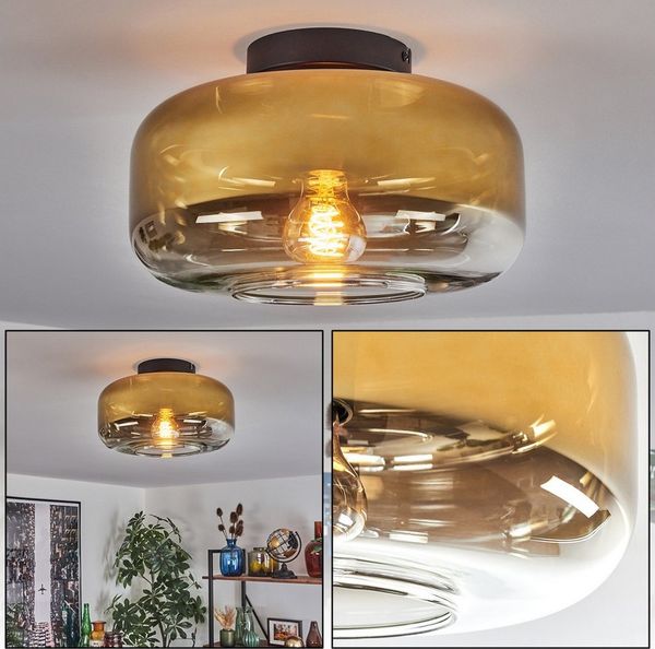 hofstein Deckenleuchte runde Deckenlampe aus Metall/Glas in Schwarz/Goldfarben/Klar, ohne Leuchtmittel, Retro/Vintage, mit Glasschirm (28 cm), 1 x E27, ohne Leuchtmittel