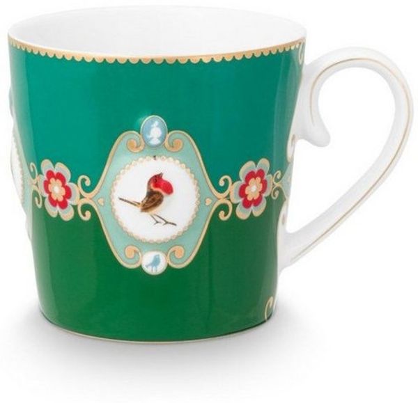 PiP Studio Becher Love Birds Medallion Henkelbecher grün 250ml, Bone China, Mug Large Love Birds Medallion Emerald-Green 250ml
