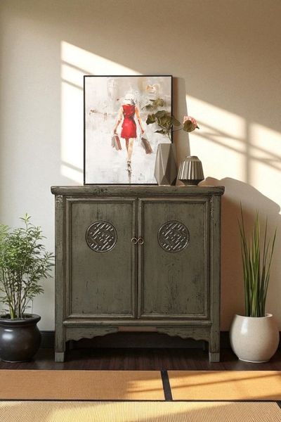 Asiatisches Schränkchen Dunkelgrau Kommode vintage Sideboard asiatisch Kolonial-Stil Antik-Stil Sideboard orientalisch Fernost shabby-chic Landhaus
