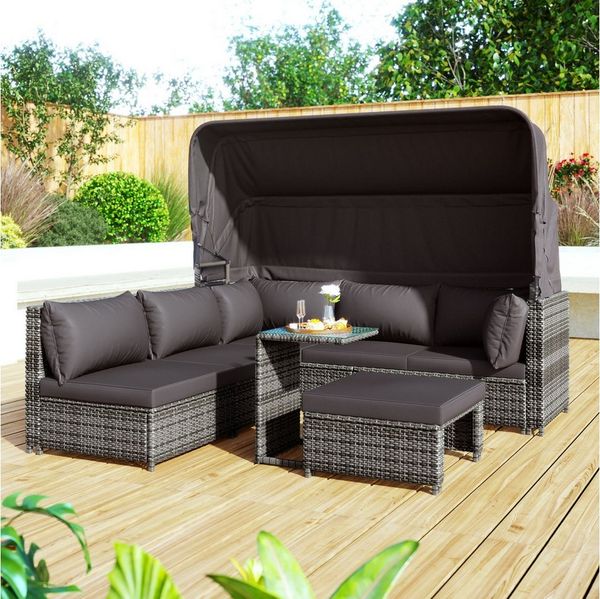 STILVORA Gartenlounge-Set Outdoor Gartenmöbel Rattan Sonneninsel mit Sonnendach, Hocker, Tisch, (waschbare Kissen, graues Geflecht + graue Kissen, Patio-Lounge-Set mit Baldachin, Allwettergeflecht), Gartenmöbel Set mit Sonnendach