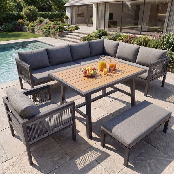 Flieks Gartenlounge-Set, 9-Sitzer Gartenmöbelset Ecksofa mit Tisch & Hocker, geflochtenes Seil